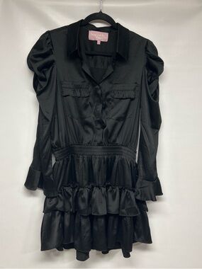 Sincerly Ours Black Satin Ruffle-Tier Long Sleeve Dress